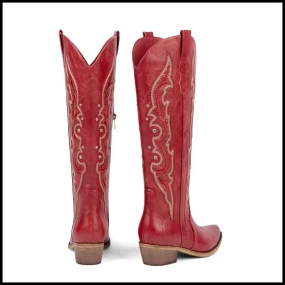 Knee High Cowboy Boots with Embroidered Rhinestones Chunky Heel - Picture 5 of 7